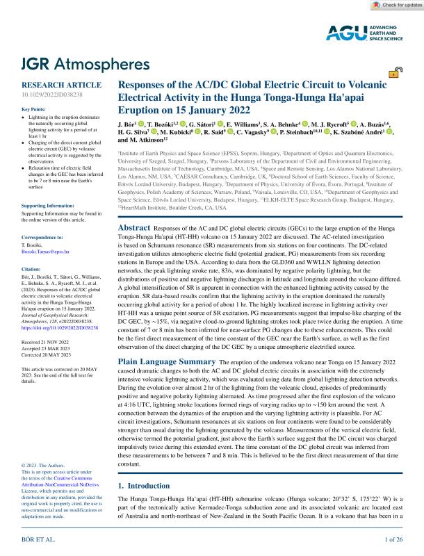 Responses of the AC/DC global electric circuit to volcanic electrical activity in the Hunga Tonga-Hunga Ha’apai eruption on 15 January 2022