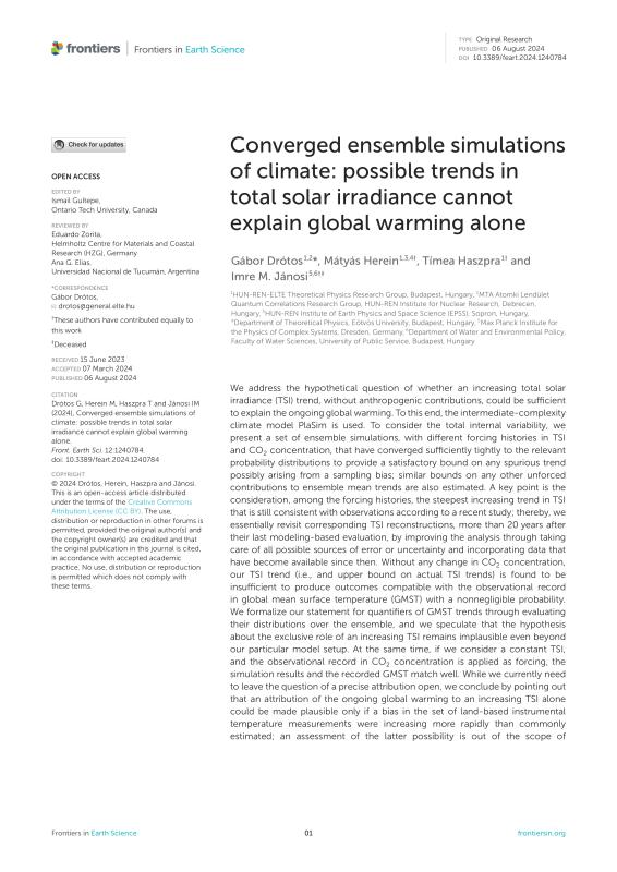 Converged ensemble simulations of climate: possible trends in total solar irradiance cannot explain global warming alone