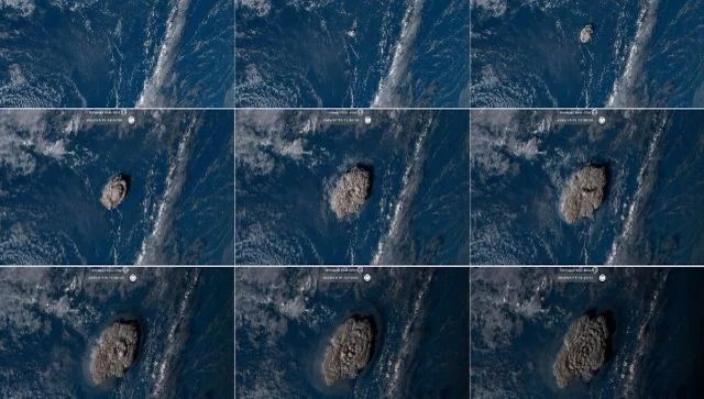 A Himawari-8 űrfelvétele alapján készült sorozatfelvétel, amint a kitörési felhő növekszik a kitörés első perceiben.