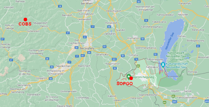 12. ábra: A COBS és a SOPGO geodinamikai állomások földrajzi elhelyezkedése.