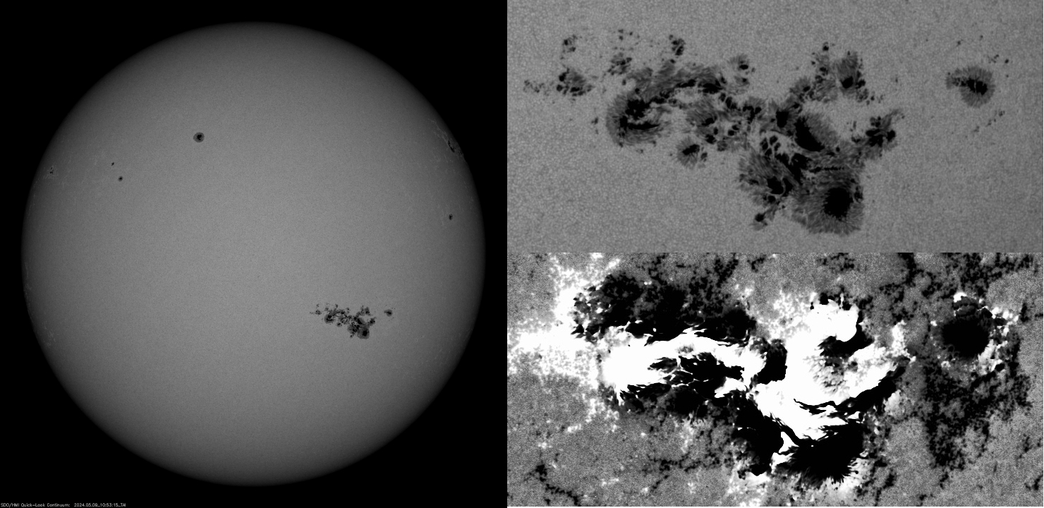 1. ábra: A teljes napkorong 2024. május 9-én és a nagy foltcsoport képe és magnetogramja a Solar Dynamics Observatory észlelésén
