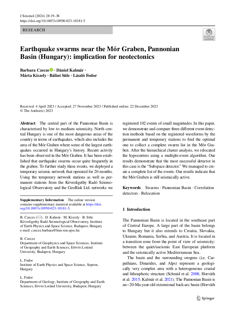 Earthquake swarms near the Mór Graben, Pannonian Basin (Hungary): implication for neotectonics